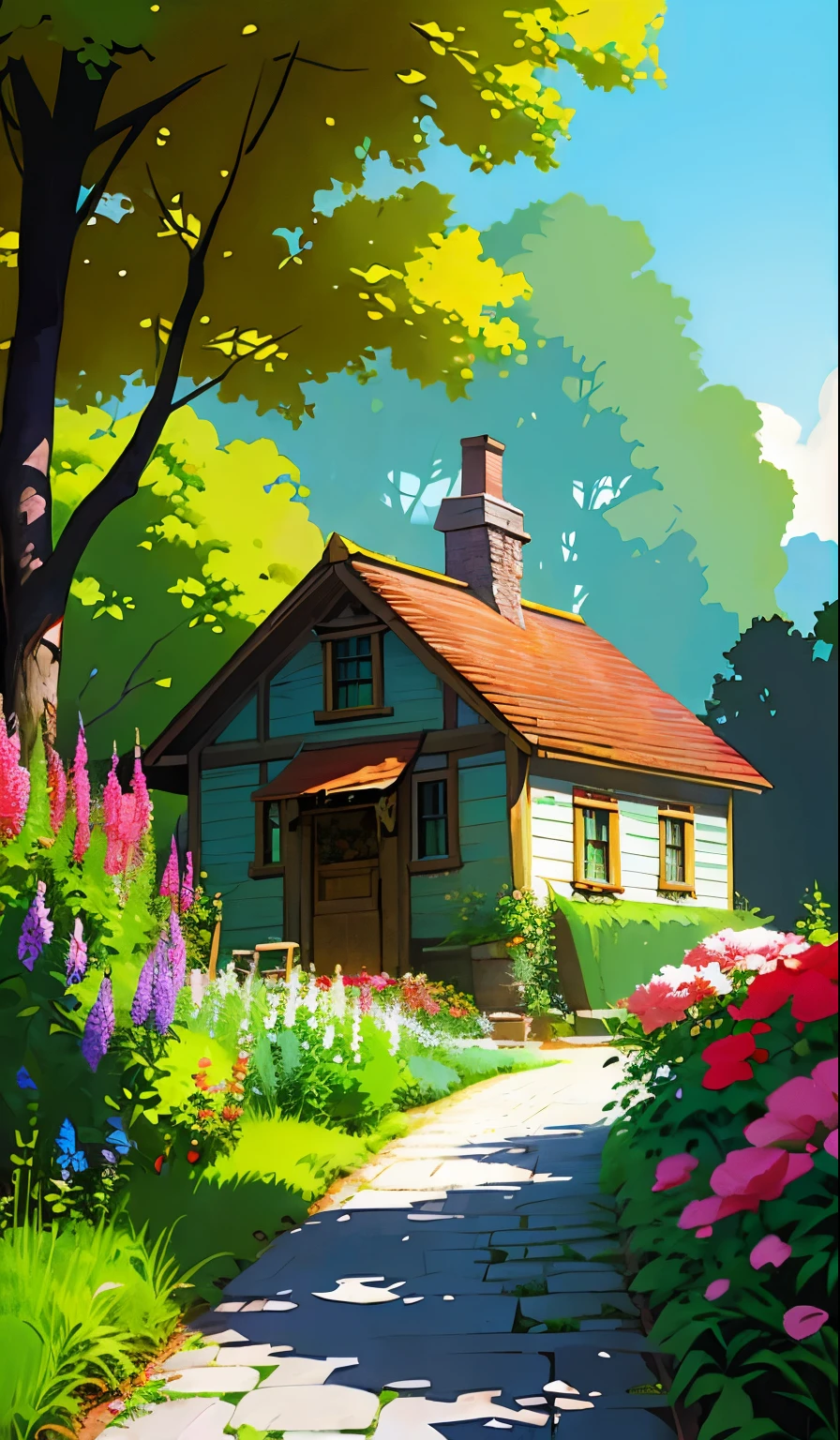 ((masterpiece)),((best quality)),((high detial)) painting of a house in a garden with flowers and trees, flowery cottage, cottagecore, in a cottagecore flower garden, cottagecore flower garden, tomas kinkade, cottagecore!!, idyllic cottage, by Igor Grabar, cottage in the forest, darrell k sweet, thomas kinkade and paul lehr