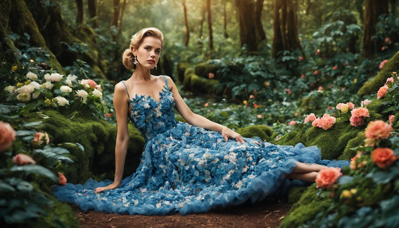 uma fada floral "Grace Kelly com vestido Azul longo", as central in a whimsical forest setting, where vibrant flowers and lush vegetation create a magical setting. A fada floral, a delicate and ethereal being, Paira graciosamente entre as flores, suas asas fofoqueiras brilhando sob a luz do sol fraca. She wears a dress woven of petals and leaves, adorned with intricate floral patterns that mirror its surroundings, randome pose