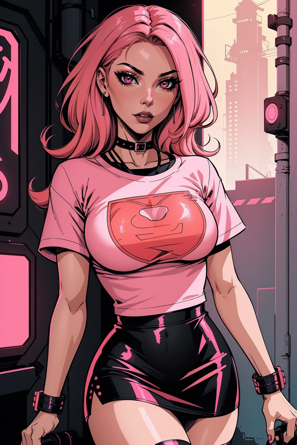 a woman with medium salmon-pink hair, wearing a white comic t-shirt and black skirt, cyberpunk art, gothic art, cute aesthetic with vibe, toon aesthetic, wearing red costume, wearing gothic accessories