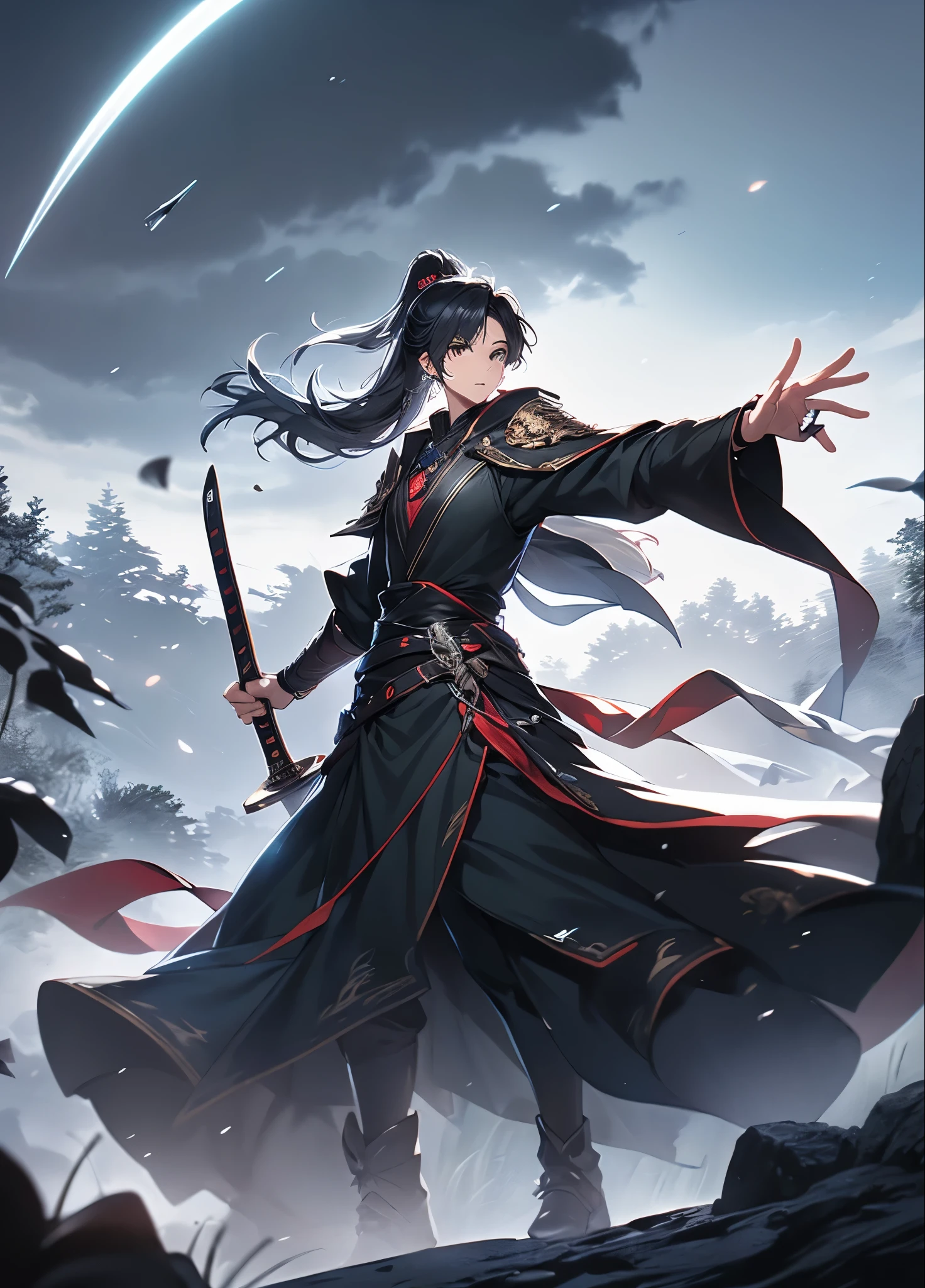 (Best quality at best,A high resolution,The image is clear,Garden scene,:1.2),a boy holding a sword,Long hair and high ponytail,Stormy weather,overcast day,thin fog,Detailed hands,detailed sword,Weapons design,