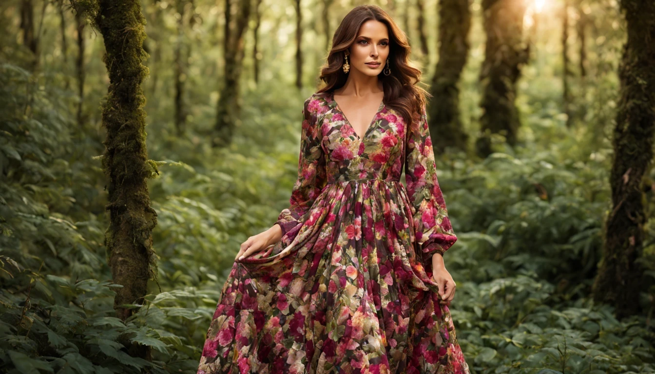 uma fada floral "Jaclyn Smith com vestido Vinho longo", as central in a whimsical forest setting, where vibrant flowers and lush vegetation create a magical setting. A fada floral, a delicate and ethereal being, Paira graciosamente entre as flores, suas asas fofoqueiras brilhando sob a luz do sol fraca. She wears a dress woven of petals and leaves, adorned with intricate floral patterns that mirror its surroundings, randome pose