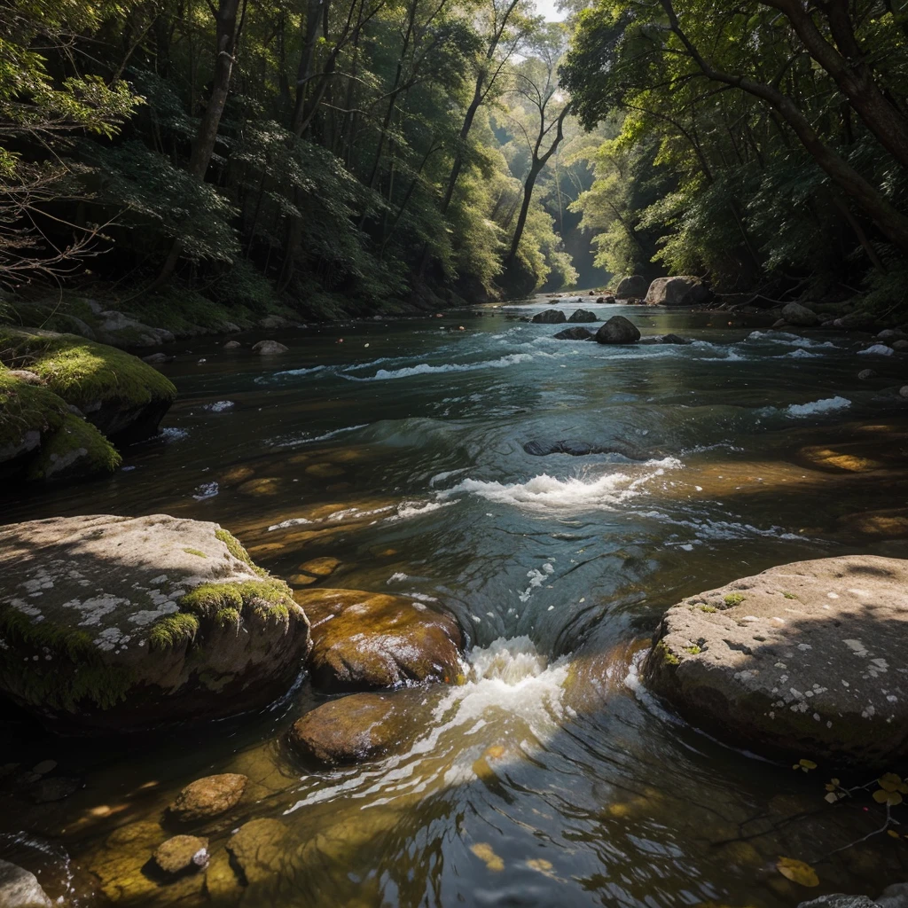 vendo bem do alto uma vasta floresta, you observe the diversity of trees and the crystal-clear river that meanders between the rocks on the banks. A suave luz do sol ilumina a cena, criando um contraste entre as sombras e os reflexos. You see the water rise and fall with the force of the current, formando ondas e redemoinhos. The water looks inviting, but also dangerous, as it hides secrets and threats beneath the surface. You feel a mixture of fascination and fear, while admiring the beauty and mystery of the river.