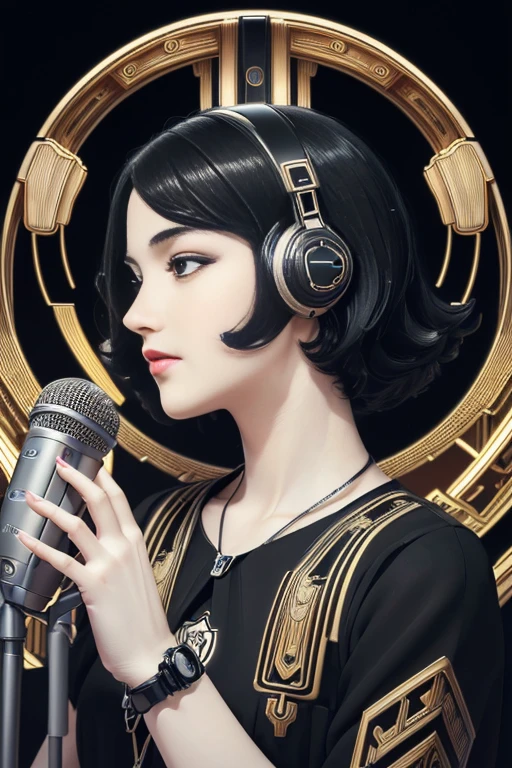 (masterpiece, 4k, ultra detailed, raw photo: 1.2), illustration, (portrait:1.2), (single background, black background1.4), (Art Deco:1.4), (minimalism:1.4), (clean:1.4), (fractal:1.4), (Microphone art deco), (Podcast) CCDDA Artstyle,