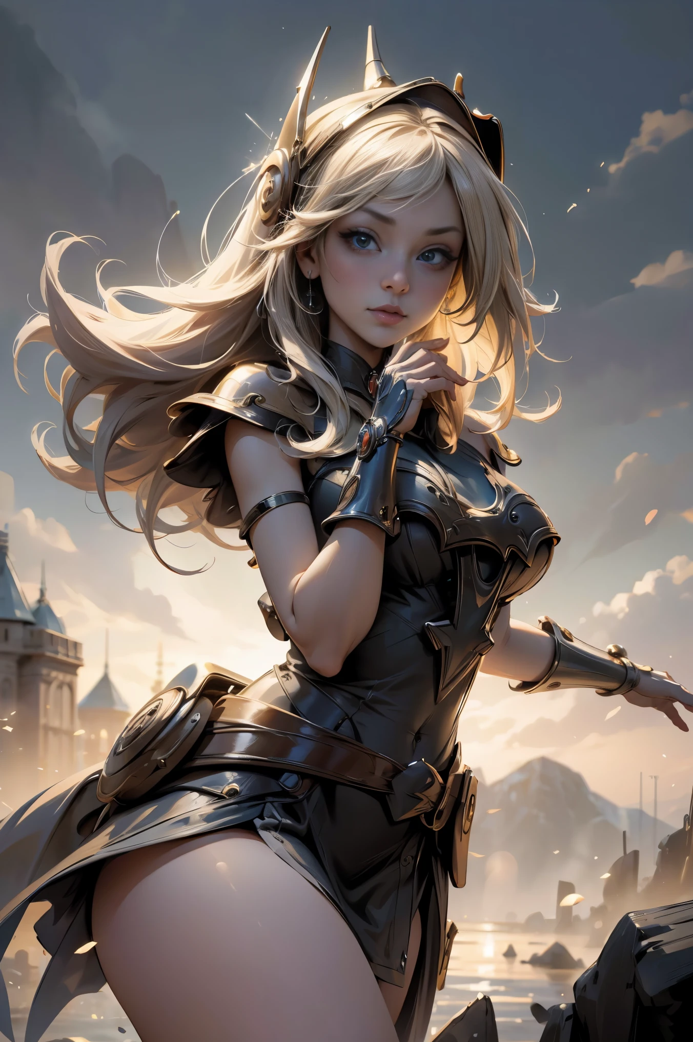 solamente, Super fine photo, Unreal Engine 5 8K UHD digital art portrait of a girl, Arte conceptual, character concept design, wearing a tight, shiny white dress with metallic details, corona de oro, ojos azules, fantasy princess, guante metalico, cabello largo y rubio, La mejor calidad, Obra maestra, Super detailed, foco nítido, pose  Sujestiva y sexy y inocente y