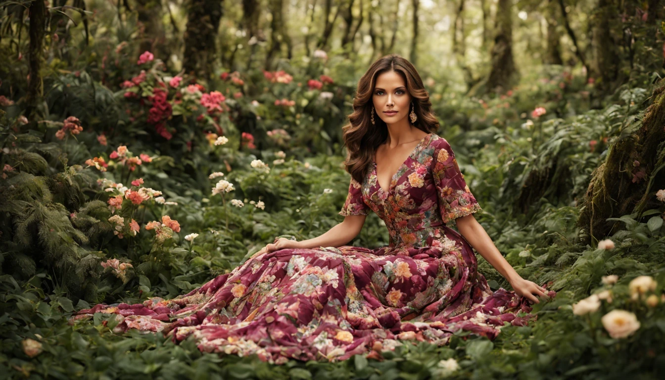 uma fada floral "Jaclyn Smith com vestido Vinho longo", as central in a whimsical forest setting, where vibrant flowers and lush vegetation create a magical setting. A fada floral, a delicate and ethereal being, Paira graciosamente entre as flores, suas asas fofoqueiras brilhando sob a luz do sol fraca. She wears a dress woven of petals and leaves, adorned with intricate floral patterns that mirror its surroundings, randome pose