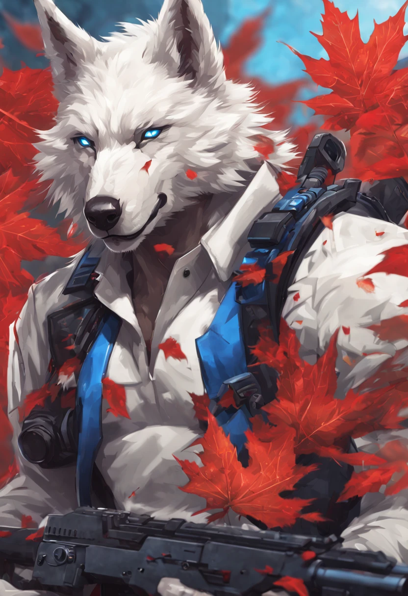 the only person，hairy pubic，Human biology，Male white wolf，Blue fur，Blue tail，White ear bleeding - red eyes，Red collar，Muscle tissue，male people，Handsome，（The hairy pubic feeling of animal ears），With a gun，commando，，cyber punk personage，Tech goggles，Maple leaves fall，Autumn，take the maple leaf