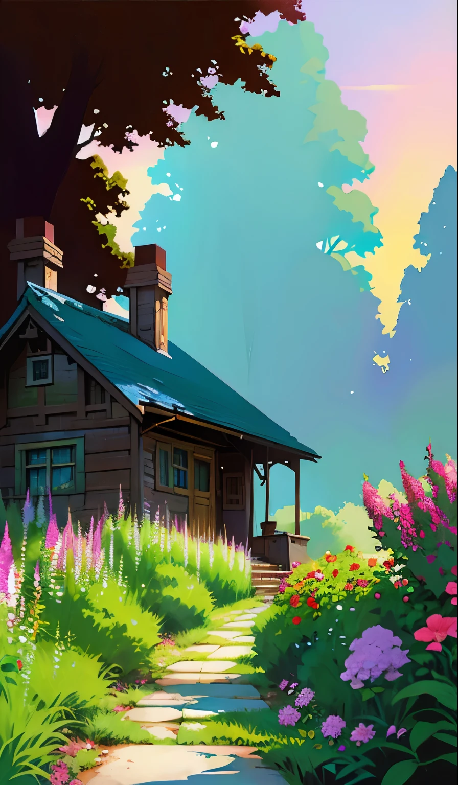 ((masterpiece)),((best quality)),((high detial)) painting of a house in a garden with flowers and trees, flowery cottage, cottagecore, in a cottagecore flower garden, cottagecore flower garden, tomas kinkade, cottagecore!!, idyllic cottage, by Igor Grabar, cottage in the forest, darrell k sweet, thomas kinkade and paul lehr