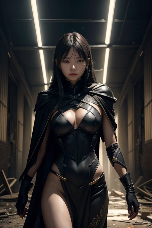 1girl, (shapely body), (solo), 19 years old, hdr, suit, Hwa Ryun stands in the semi-darkness of a ruined building surrounded by opponents. Her black robe sticks to her body, as if taking on a shadow, and the golden patterns on her mask shine in the dim light. Sharp, elegant blades flash in her hands.