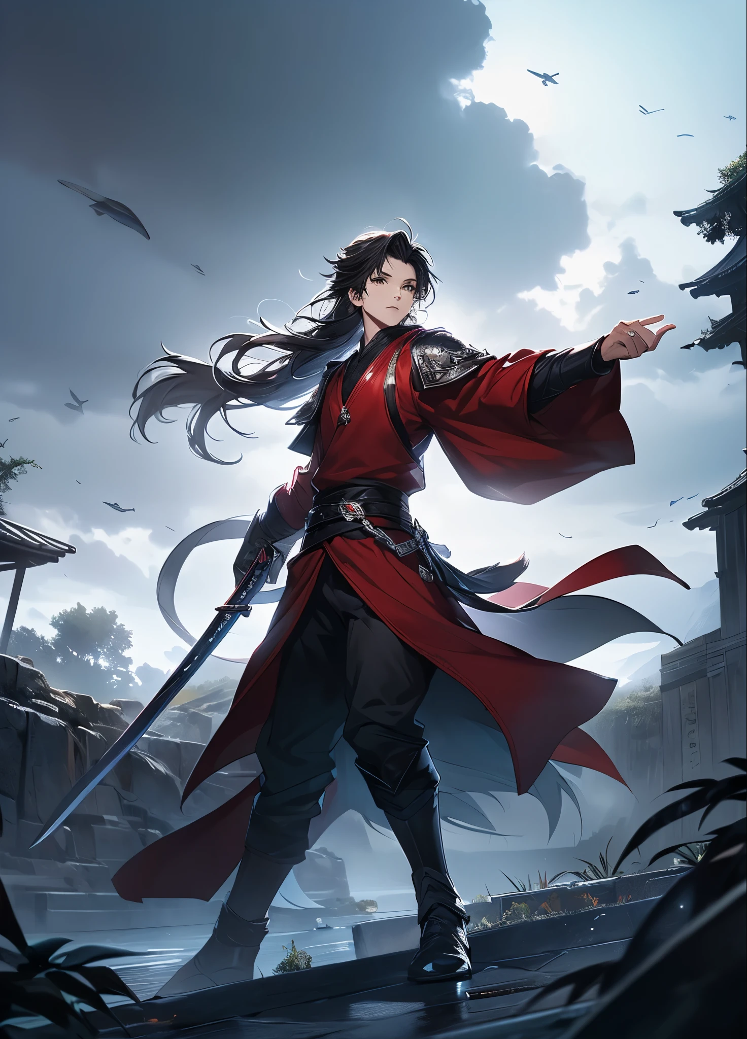 (Best quality,A high resolution,The image is clear，Garden scene，:1.2),a boy holding a sword，Long hair and high ponytail，Stormy weather，overcast day，thin fog，