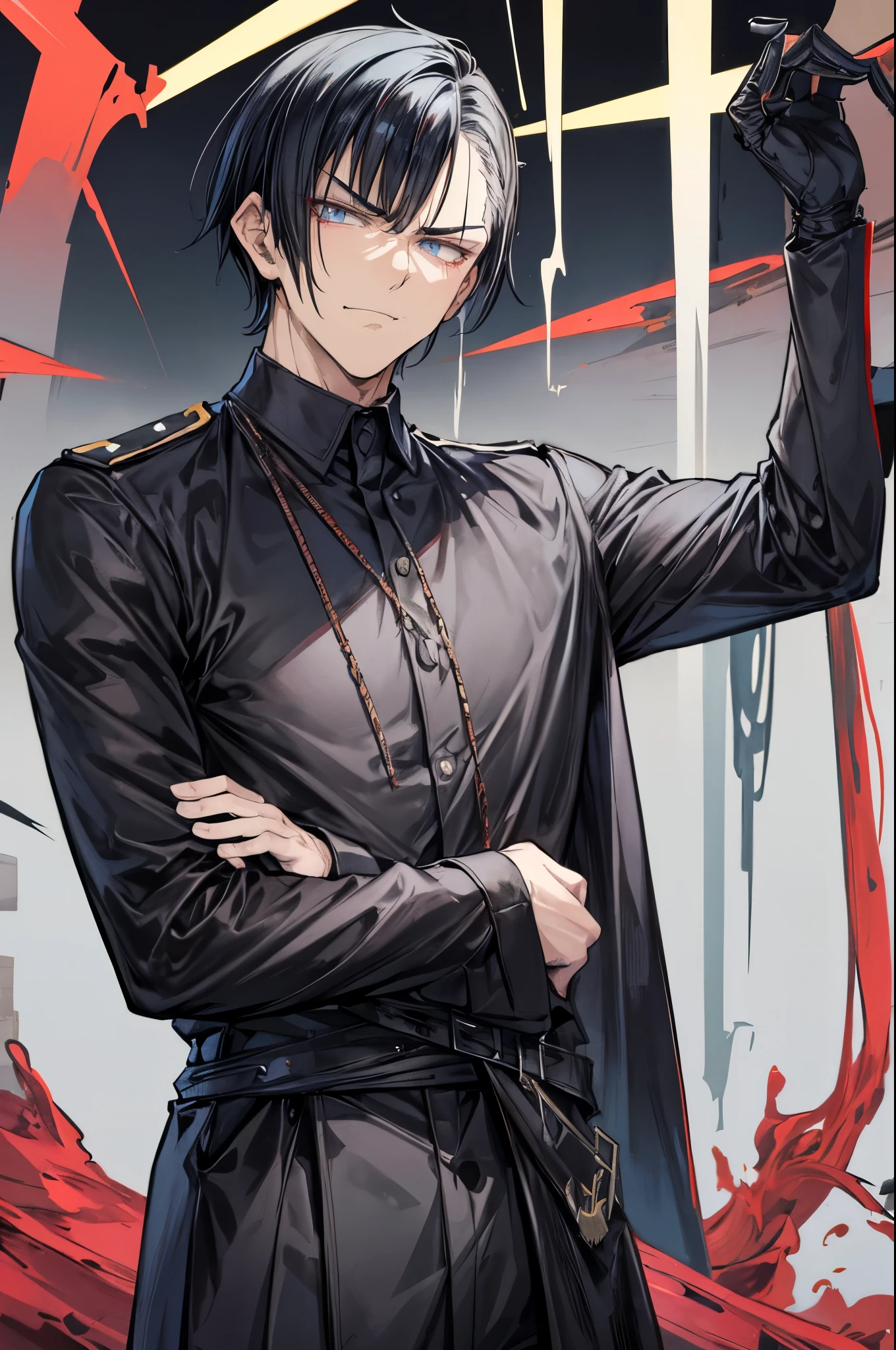 (flat color:1.1),(masterpiece:1.2), best quality, masterpiece, original,short black spiky hair, (mature handsome man looking at the camera with a smug expression:1.2), wearing prison uniform, convicted felon