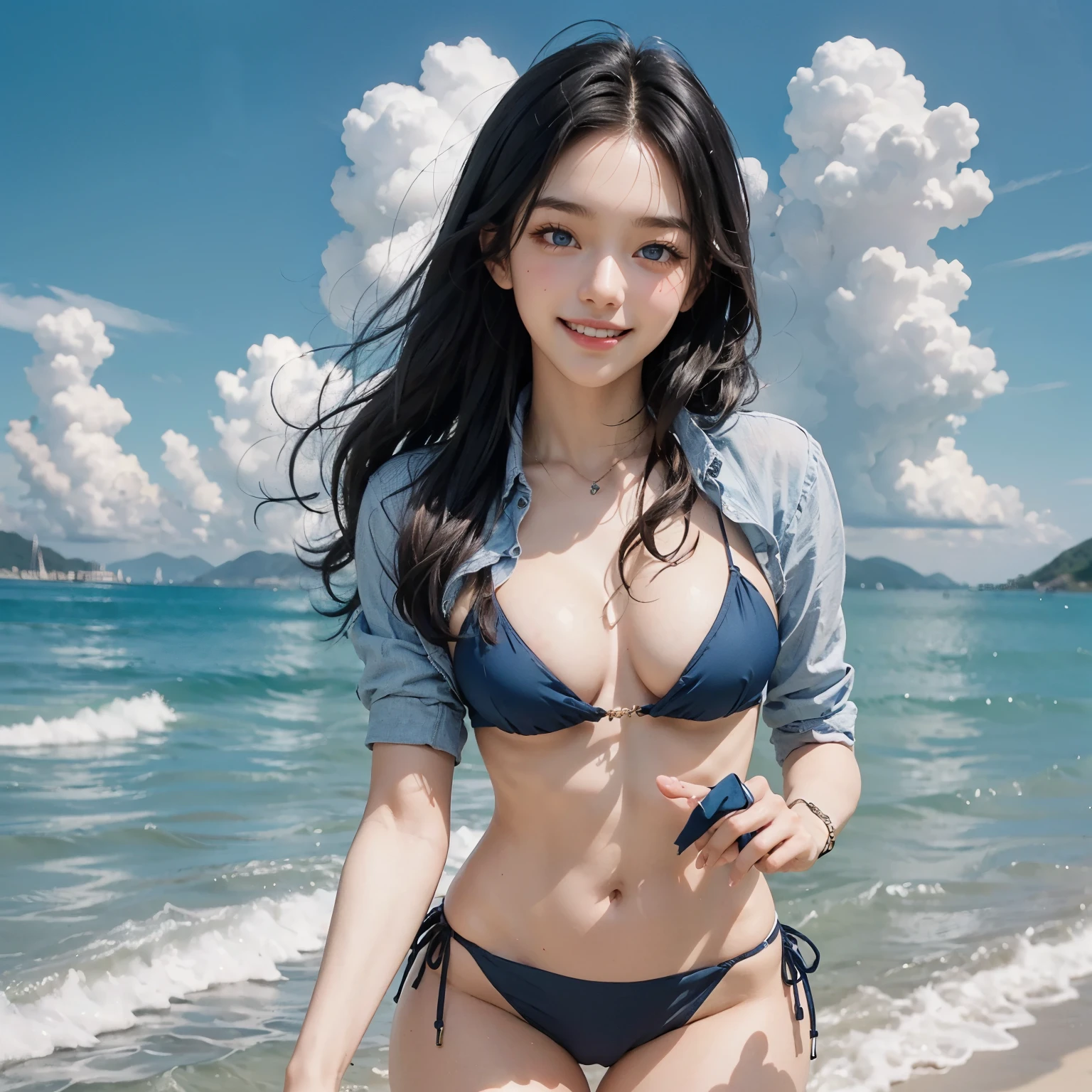 1girl, big breast, white skin, long black hair, korean, young, bright blue eyes, thick eyebrows, grin, blush, teeth out, small waist, wide thighs, wide thigh gap, perfect hands, perfect fingers, bikini, beach, blue sky, clouds, supermodel style, posing, hyper-realistic, high detail, 8k, masterpiece