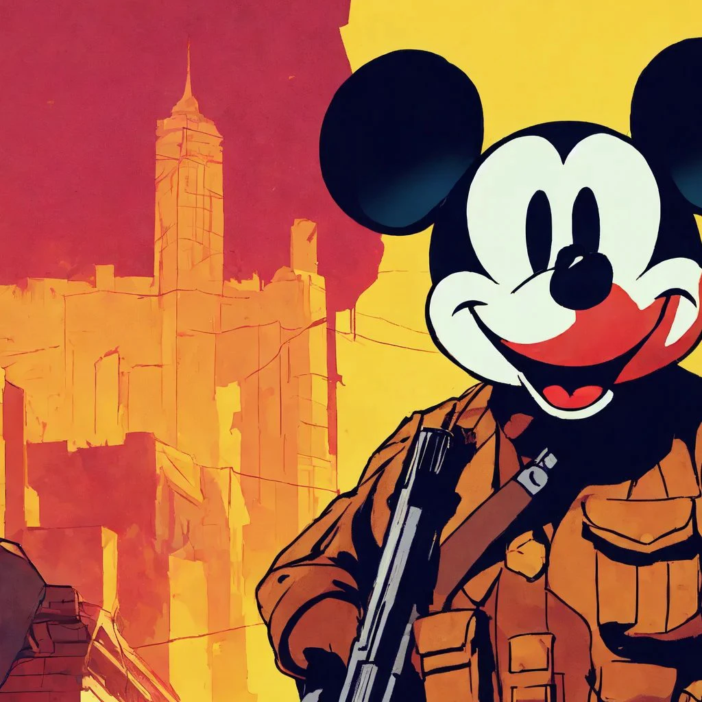 Mickey Mouse con uniforme militar y una pistola en la mano., Arte Oficial, Estilo Travis Charest, inspirado por Victor Mosquera, Martin entonces, Arte Oficialwork, in Estilo Travis Charest, image comics, Sam y Max, por John Keane, Ama la muerte y los robots, Pablo Papa, Payday 2, Tom Whalen 8 K, Estilo Carnicero Billy