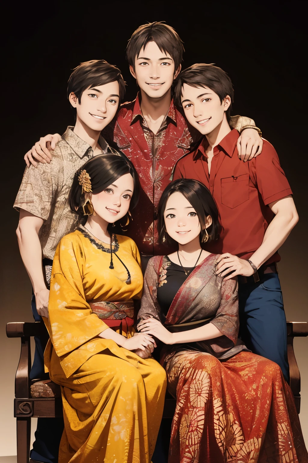 family photo wearing batik clothes 3 person couple, a 28 year man, 25 year  mother, 7 year boy. sitting on the back of a chair, embracing each other, smiling, family portrait, wearing with gold short-sleeved batik. black background, the picture looks very nice and realistic, 
Hdr, use camera husselblade.