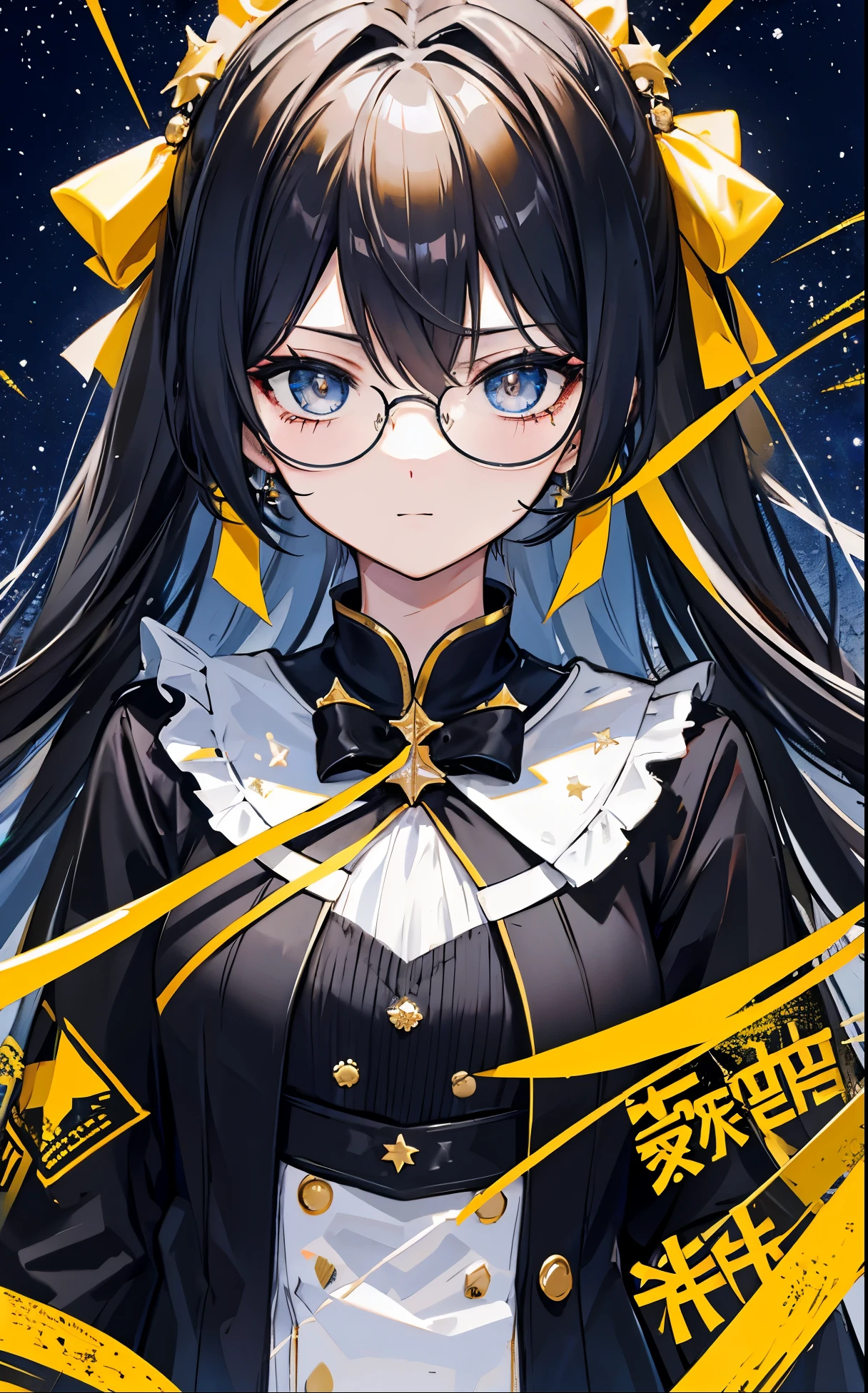 Dark yellow twin ponytails,Hair appears as a whole,But there is a sense of black attachment,Star decoration,Meteor decoration,With black glasses,There is a deceptive look in the eyes,Girl but very handsome,There is a sense of contempt in his eyes,黑黄的冲锋衣有着Star decoration