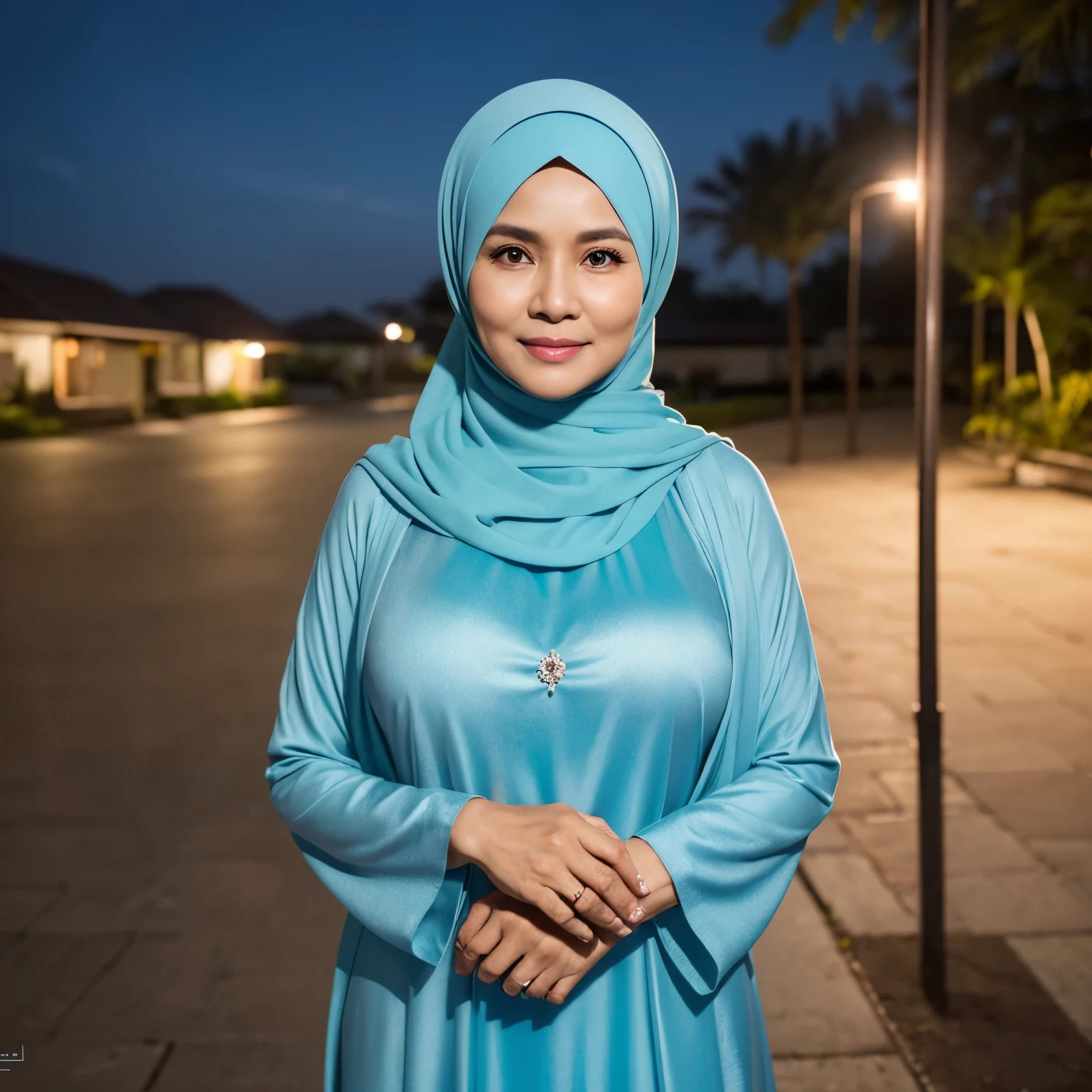 56 Years old, Indonesian mature woman, wearing Wide Hijab, perfect , natural Gigantic breast : 96.9, gorgeous eyes, Soft smile, wear a Gamis, Tight Gamis, Diamond Necklace, Breast about to burst Out, Nightime walk, Excellent Soft light, Light