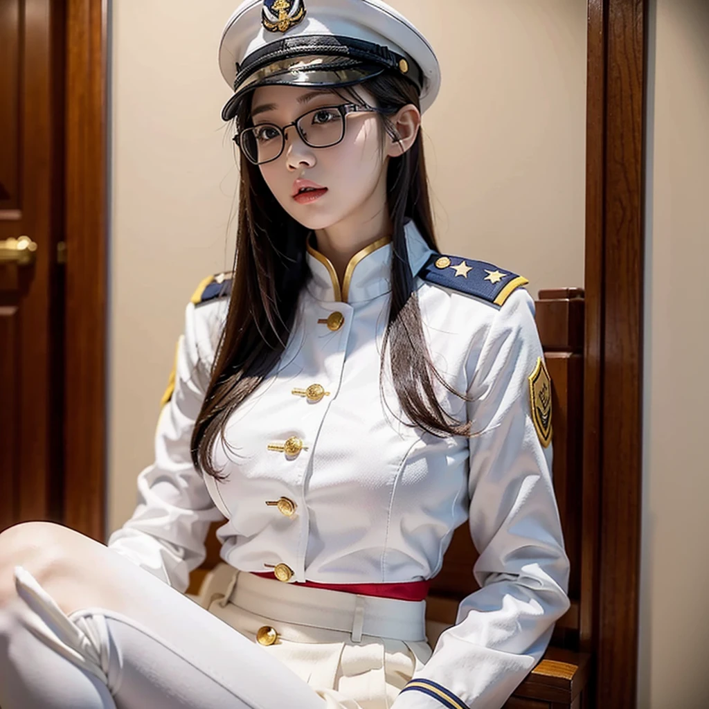 A female soldier wearing a white tight-fitting uniform and white tight-fitting military pants was drunk。She wears a pair of big-framed glasses,There is a striking red star on the hat,Gold shoulder and collar badges。Navy anchor logo on the right chest。Highlight the sexy and plump figure of female soldiers,And her drunken yet charming demeanor。The clothes on her chest are a little messy,His face was flushed,Zhu's lips opened slightly,Eyes drawn。