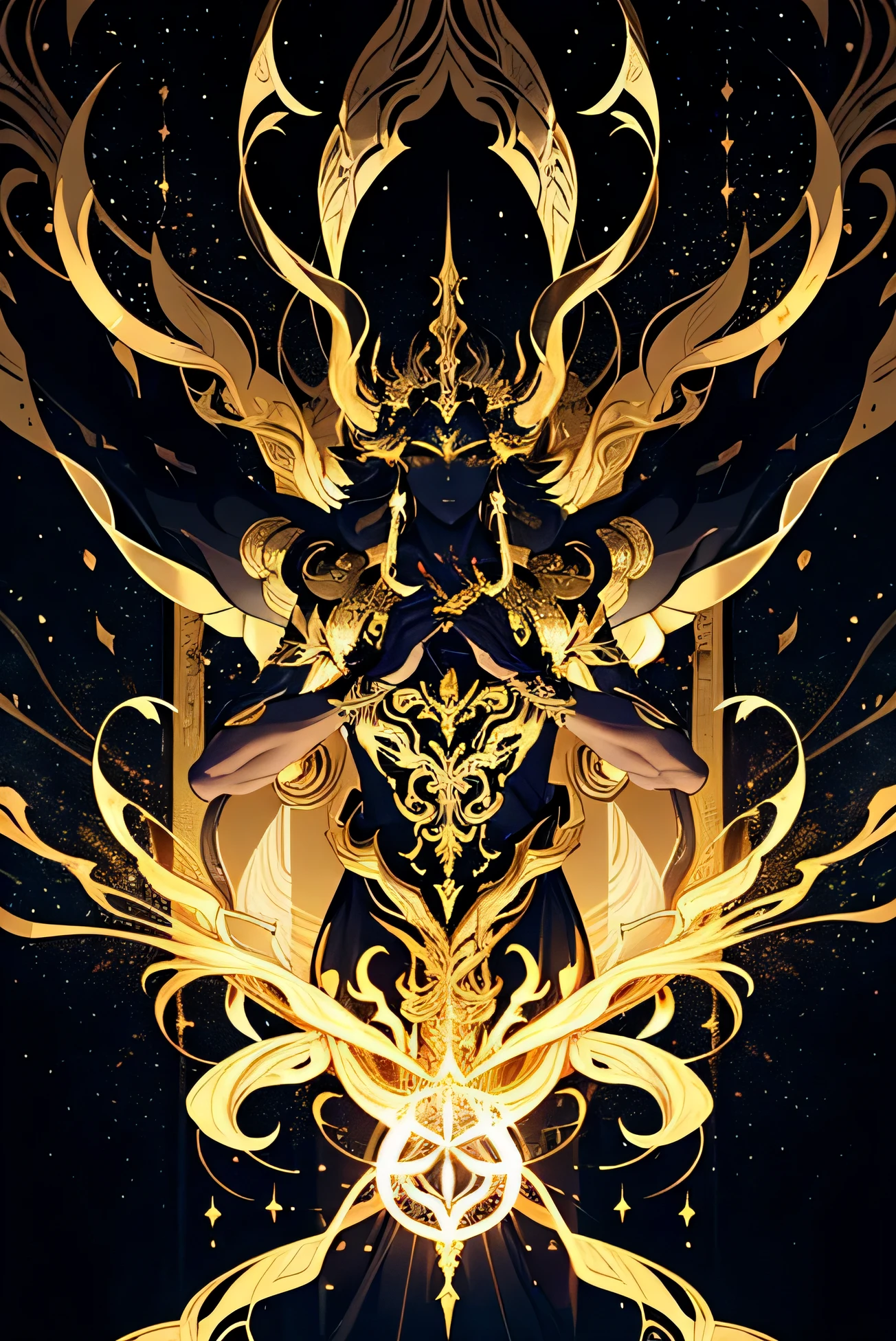 Create a visually striking representation of a male deity with four arms, emanating a luminous golden brilliance that contrasts with the enigmatic backdrop of a realm enveloped in shadows. Picture this godlike figure possessing a commanding presence, adorned with celestial symbols, and skillfully wielding four intricately designed swords that embody both elegance and power.