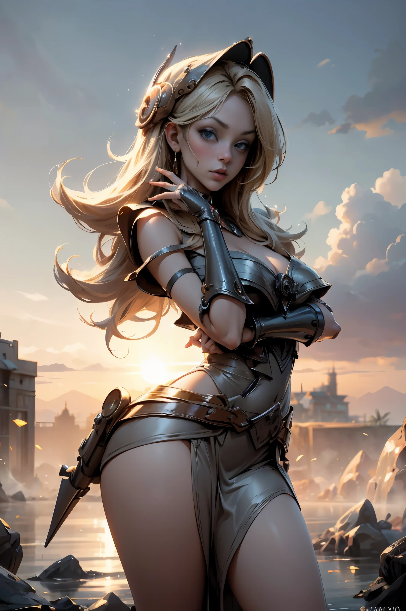 solamente, Super fine photo, Unreal Engine 5 8K UHD digital art portrait of a girl, Arte conceptual, character concept design, wearing a tight, shiny white dress with metallic details, corona de oro, ojos azules, fantasy princess, guante metalico, cabello largo y rubio, La mejor calidad, Obra maestra, Super detailed, foco nítido, pose Sujestiva y sexy y inocente y