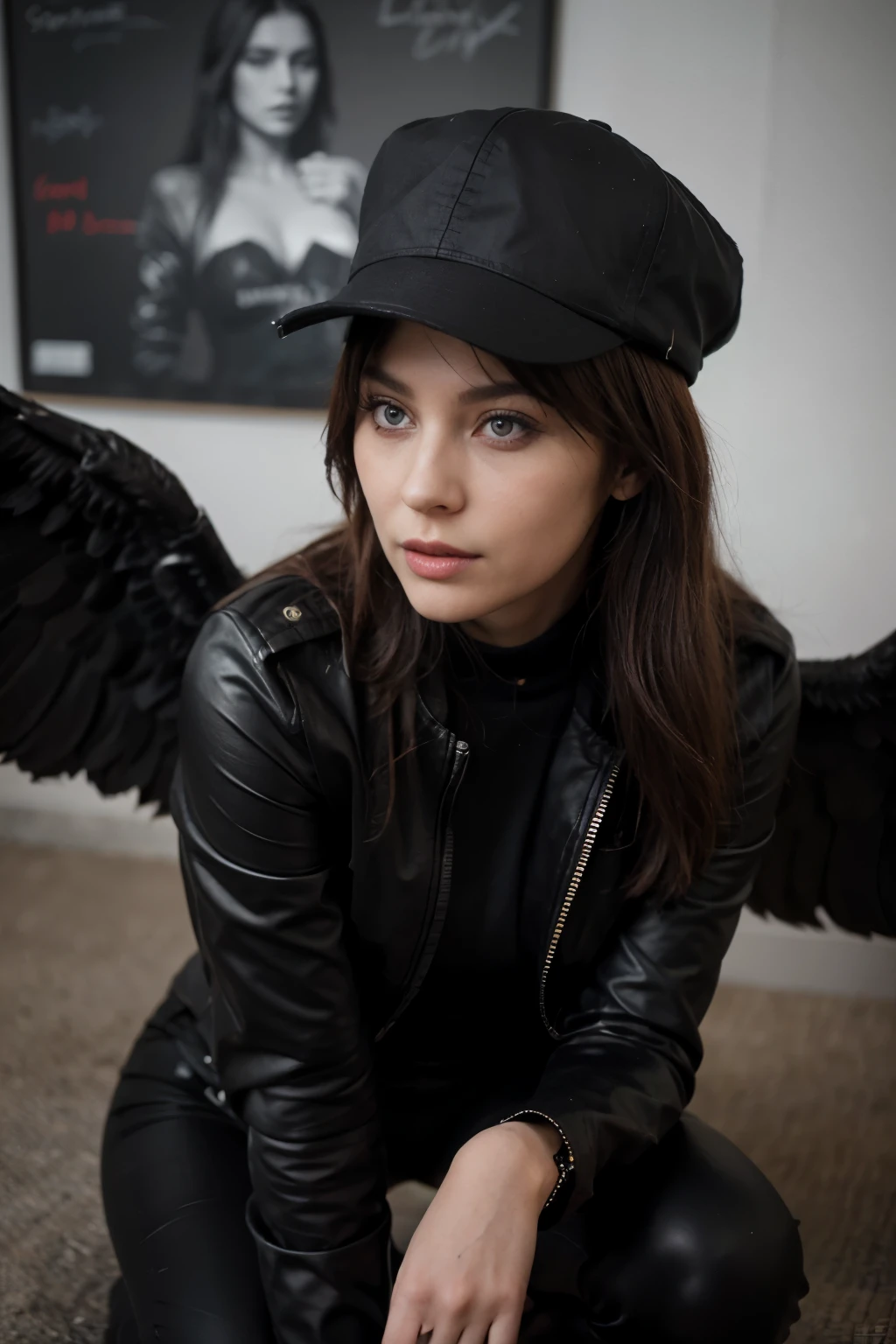 Create me a picture of an angel with pitch black wings and black eyes. Mit overknees Leder Rock Lederjacke und Oberteil. Die Klamotten sind alle schwarz. Unter dem rechten Auge hat sie ein gebrochenes schwarzes kleines Herz. Brune lange gewellte Haare.