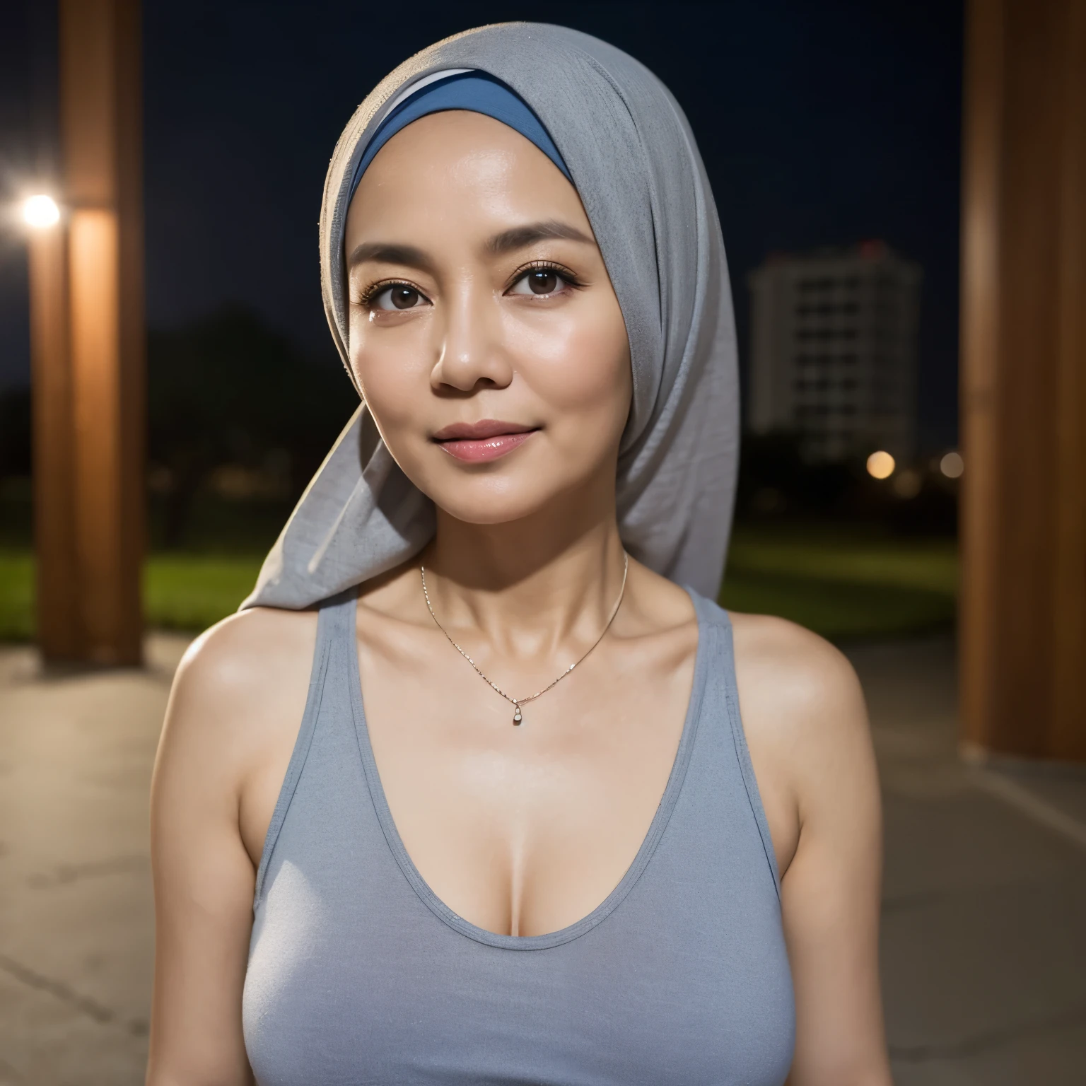 56 Years old, Indonesian mature woman, wearing Wide Hijab, perfect , natural Gigantic breast : 96.9, gorgeous eyes, Soft smile, wear a Tank Top, Tight Tank Top, necklace, Breast about to burst Out, Nightime walk, Excellent Soft light, Light Colour