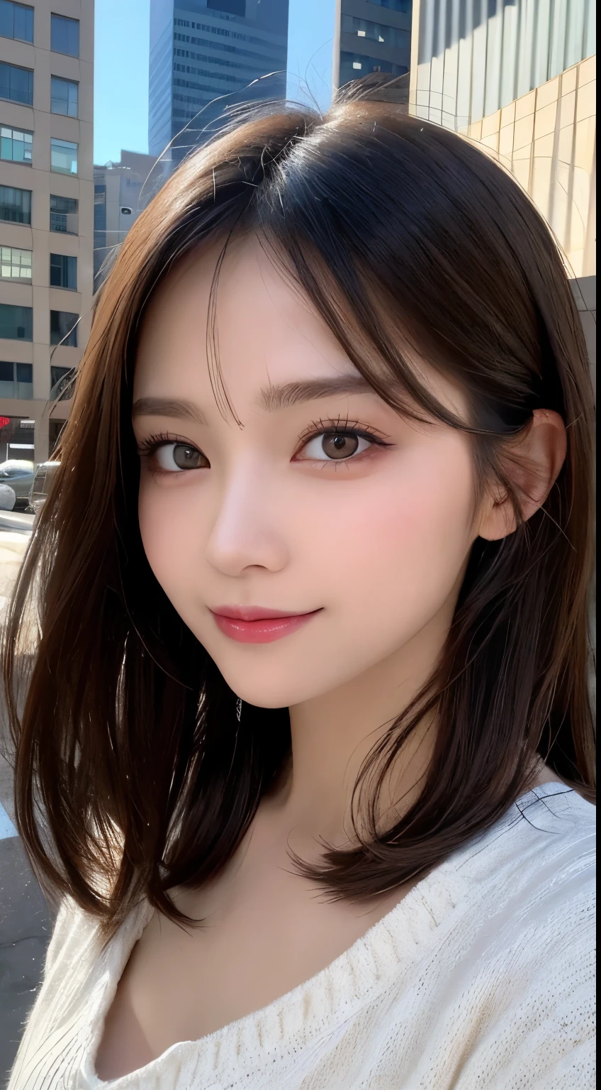masutepiece, Best Quality, Illustration, Ultra-detailed, finely detail, hight resolution, 8K Wallpaper, Perfect dynamic composition, Beautiful detailed eyes, Winter dress,Medium Hair, Small breasts, Natural Color Lip, Random and sexy poses,Smile,Big city、20 years girl、Midnight、beautifull detailed face、Perfect and beautiful face,Big eyes
