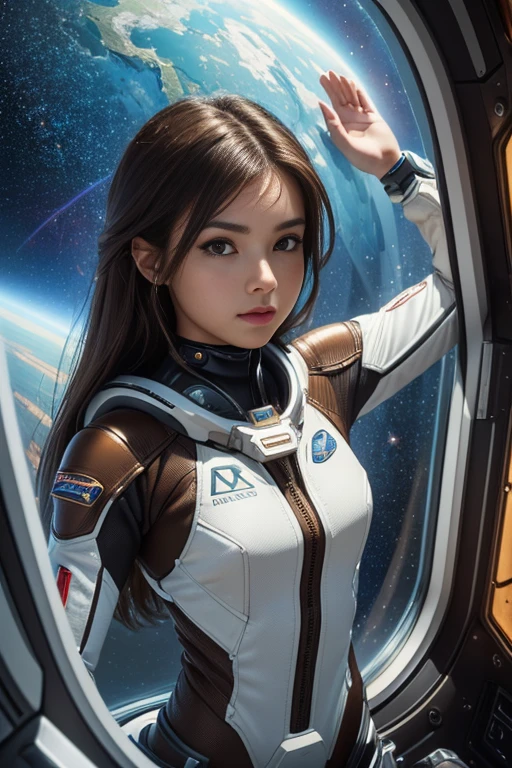 ((Best Quality)), (Masterpiece)), (Details: 1.4), 3D, Absurd Resolution, High Resolution, (Masterpiece: 1.4), Ultra Detailed, Beautiful Girl 1 Person, Futuristic Woman Image, Sparkling Brown Hair, Beautiful Brown Eyes, Beautiful Face, 20 Years Old, Spaceship, Floating, Small, Spacesuit, Spaceship, Window, Future, Dynamic Pose, Change of Clothes