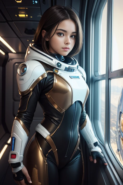 ((Best Quality)), (Masterpiece)), (Details: 1.4), 3D, Absurd Resolution, High Resolution, (Masterpiece: 1.4), Ultra Detailed, Beautiful Girl 1 Person, Futuristic Woman Image, Sparkling Brown Hair, Beautiful Brown Eyes, Beautiful Face, 20 Years Old, Spaceship, Floating, Small, Spacesuit, Spaceship, Window, Future, Dynamic Pose, Change of Clothes