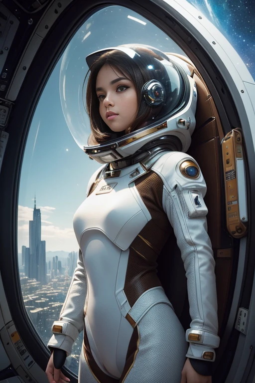 1 Girl,Solitary,best quality, masterpiece, 8K,RAW photos, 2510, A futuristic sexy space woman wearing a tight bikini-style space suit, Explore space from a giant viewing screen.