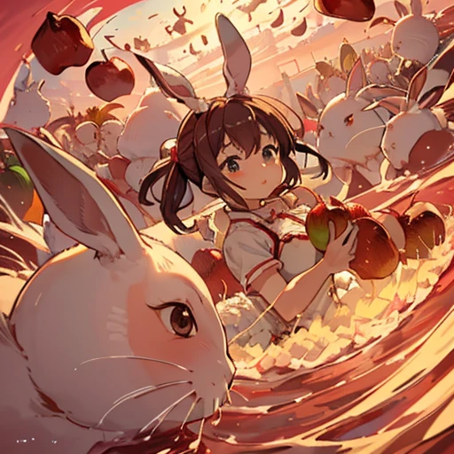 A pastry chef covered in boiling strawberry parfait ramen serving a giant baked apple、Amazing dynamism、Amazing Angle、Whirlpool sandstorm of unstable buoyancy、(((Many friendly rabbits and apples are floating closely and chasing each other.)))。surround each other&#39;large baked apple、
