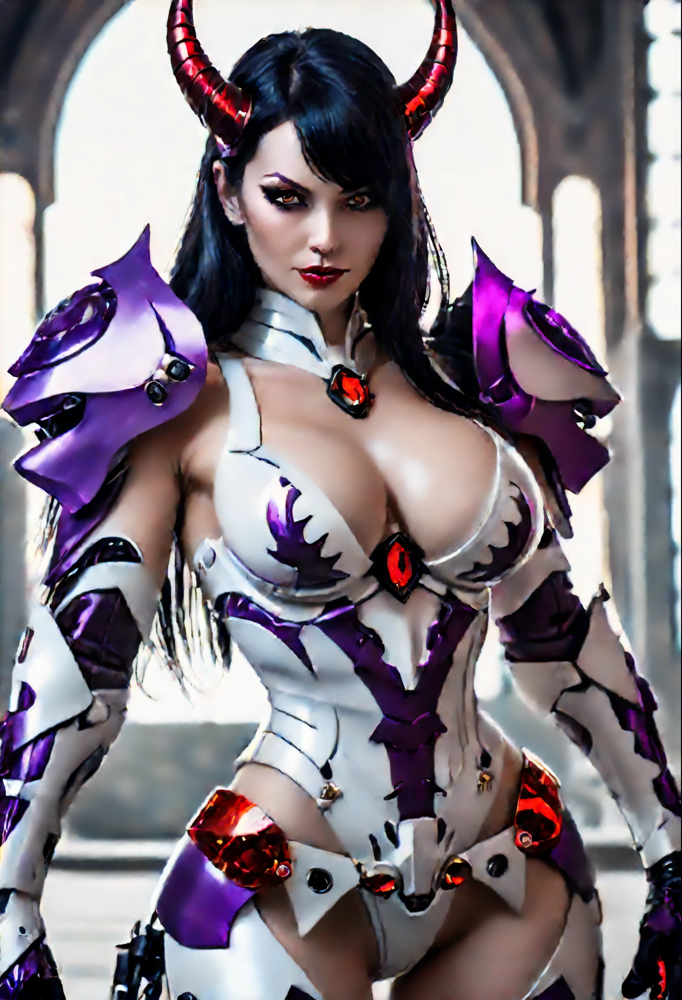 White pale demon,mature woman,perfect body,standing,black straight hair,hair over eye,one glowing eye,hime-cut,horns,purple lips,big breaats,arms tatoo,elbow glove,claw,fantasy armor,cleavage,full armor,red gem in center chest,cleavage,futuristic,mechanical suit,full armor,seductive smile,purple led trim,dc comics,seductive smile,hands over head,super villian,nsfw