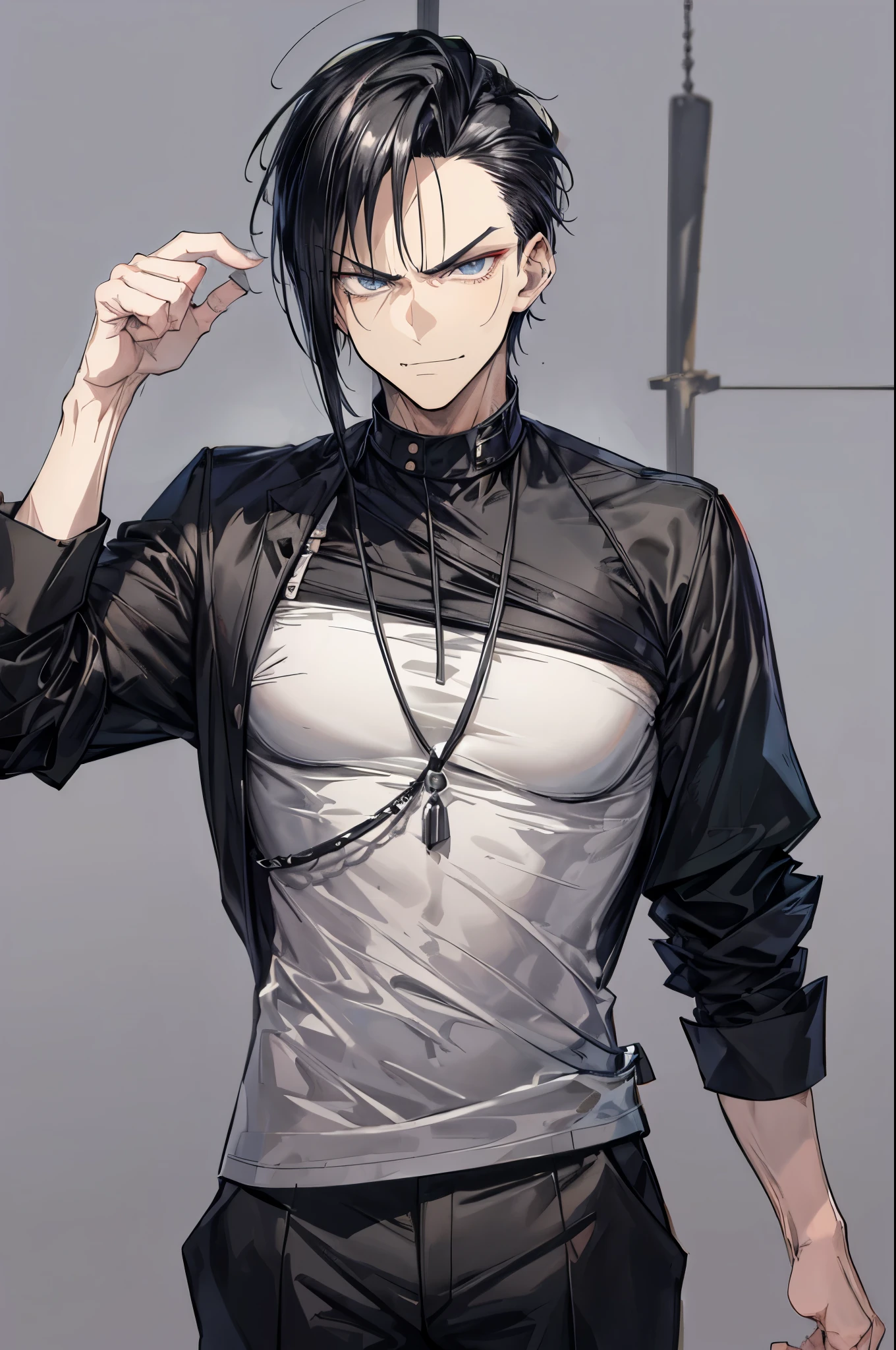 (flat color:1.1),(masterpiece:1.2), best quality, masterpiece, original,short black spiky hair, (mature handsome man looking at the camera with a smug expression:1.2), wearing prison uniform, convicted felon