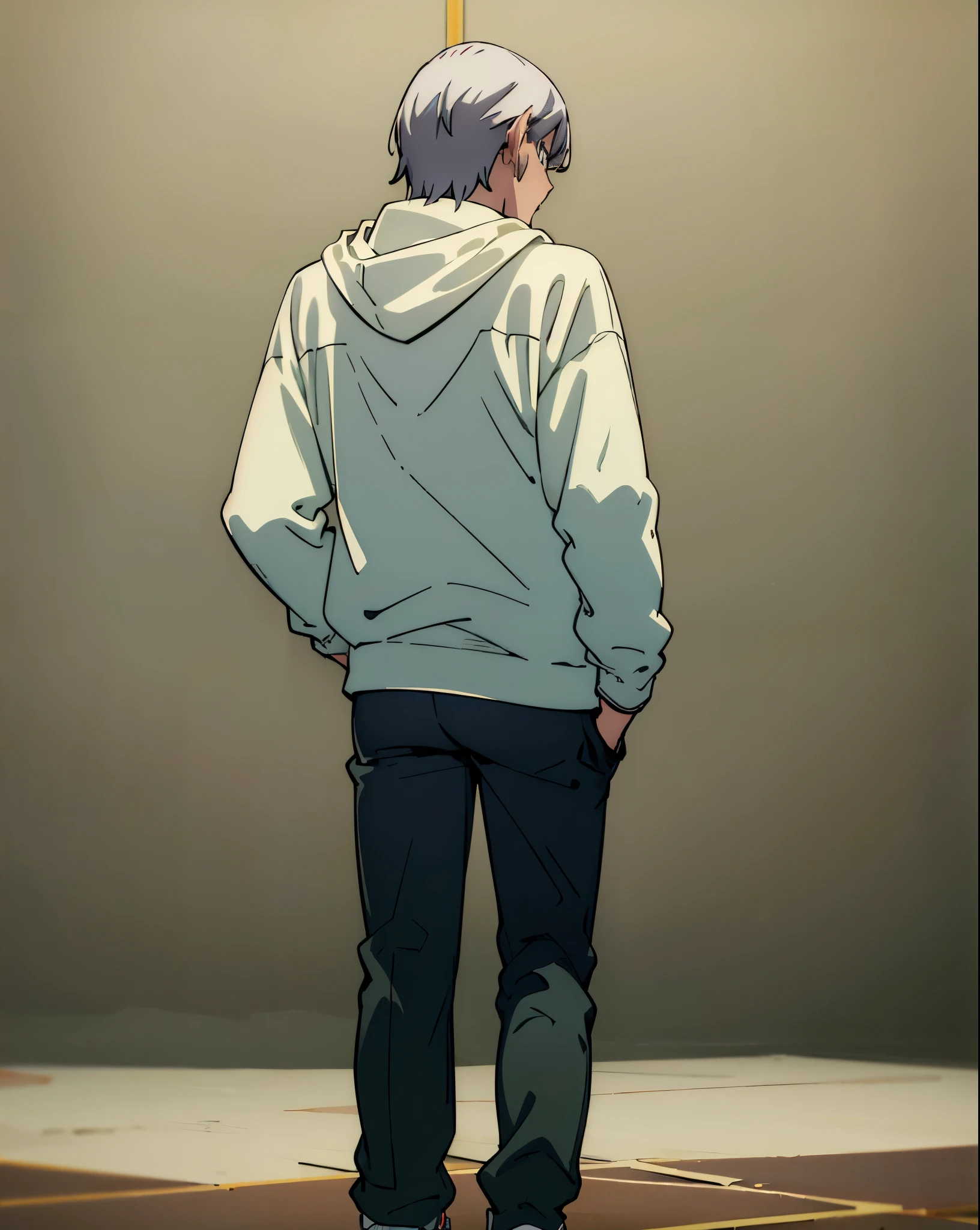 ((((((angle from behind)))))),(((a men standing))),(((full body))),(((hands in pocket))),
(white sneaker),(long sleeve),black trousers,brown hoodie,(long sleeve),
(((simply white background))),
((((((((masterpiece)))))))), best quality, highly detailed, extremely detailed CG unity 8k wallpaper,illustration,sfw,safe for work,solo,man,1male,accurate hands, accurate legs,