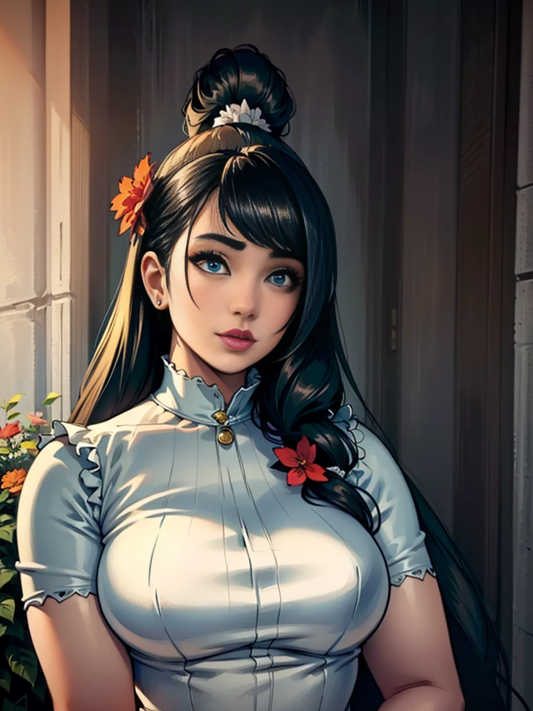 (ultra-detailed, realistic:1.37), [portrait], (best quality, highres, masterpiece:1.2), vibrant colors, sunlight, green garden, flowers, white dress, beautiful detailed eyes, beautiful detailed lips, long eyelashes, dark black hair in a high ponytail, red flower hair ornament. enormes senos