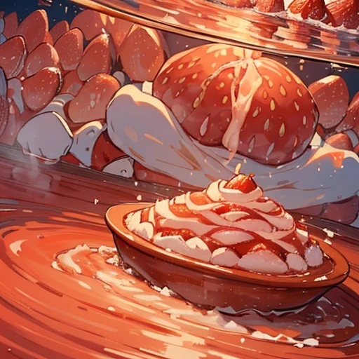 A pastry chef covered in boiling strawberry parfait ramen serving a giant baked apple、Amazing dynamism、Amazing Angle、Whirlpool sandstorm of unstable buoyancy、(((Many friendly strawberry farmers will float closely and chase each other.)))。surround each other'large baked apple、