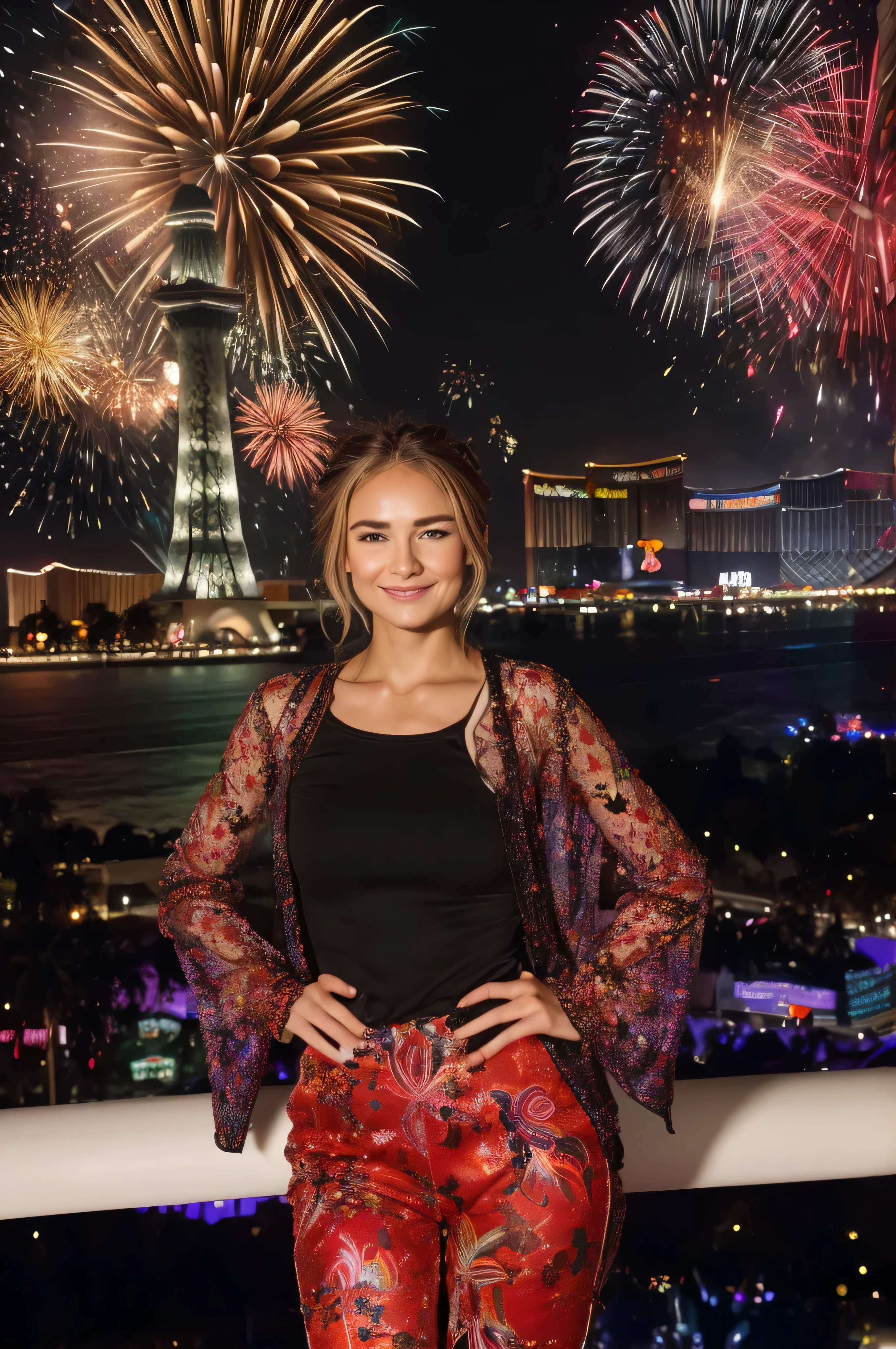 Eine junge Frau, 20 Jahre alt, Ihr Vater stammt aus Asien, ihre Mutter aus Deutschland, ((she is wearing sehr teures, Sweets, modernes und elegantes outfit)), zarte Emotion,((( bunte Silvesternacht with fireworks in LAS Vegas))), There is a big party in Las Vegas with lots of colorful people, Lots of colorful fireworks in the air, Leichtigkeit und Verspieltheit, Dissolve images, She is slim and has slightly tanned skin, (Ihr Haar ist mittellang dunkelblond), Ihre Augen sind blau, She has a charming smile and is small, Cute dimples, Ultra-Weitwinkel-Aufnahme, full entire body, full body shot, to portray their authentic and happy facial expressions, full-body shot, Professionelle Fotografie, 8k, HDR