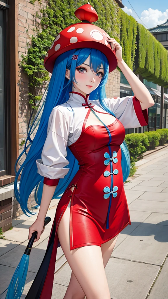 1 girl, blue hair, pink eyes, red chinese qi pao, wears a mushroom hat, posing, high res, wall paper, ultra sharp, 8k, masterpiece, zoomed in, looking at viewer