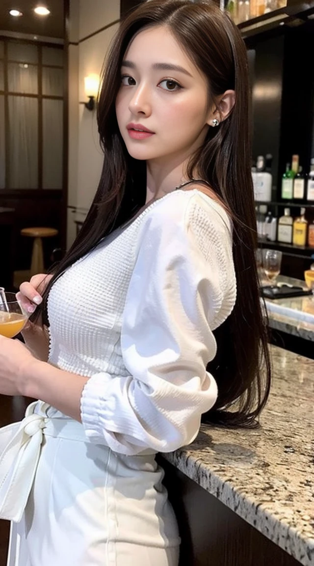 dark brown hair、Light brown eyes、The face of the Japan actress、 Lady、i look like him、I&#39;m about 40 years old.、(intricate-detail:1.2)、(top-quality:1.4)、 (超A high resolution:1.2)、超A high resolution、(A detailed eye)、(detailed facial features)、nffsw、8K resolution、D-cup size breasts、length hair、bar in dubai、dubai sunset、drinking cocktail、Zara Clothing、ZARA coordination、trendy casual clothes、White outfit、looks like you&#39;power loss、