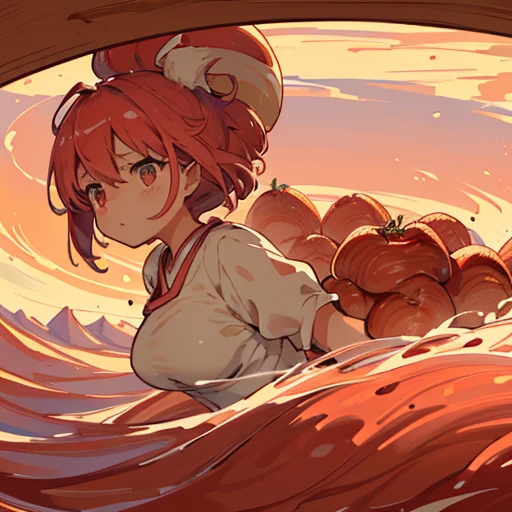 A pastry chef covered in boiling strawberry parfait ramen serving a giant baked apple、Amazing dynamism、Amazing Angle、Whirlpool sandstorm of unstable buoyancy、(((Many friendly farmers will float closely and chase)))。surround each other&#39;large baked apple、