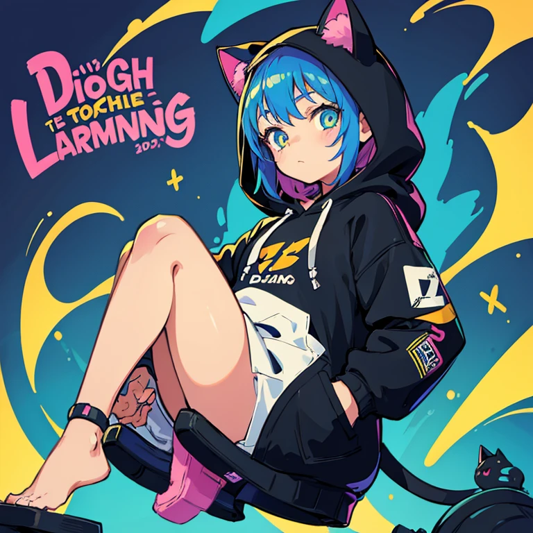 1little girl,Dobo Dobo hoodie,hands in the pocket,sitted,Frolicking with a cat,many colors,black lightning line,Background based on bright colors
