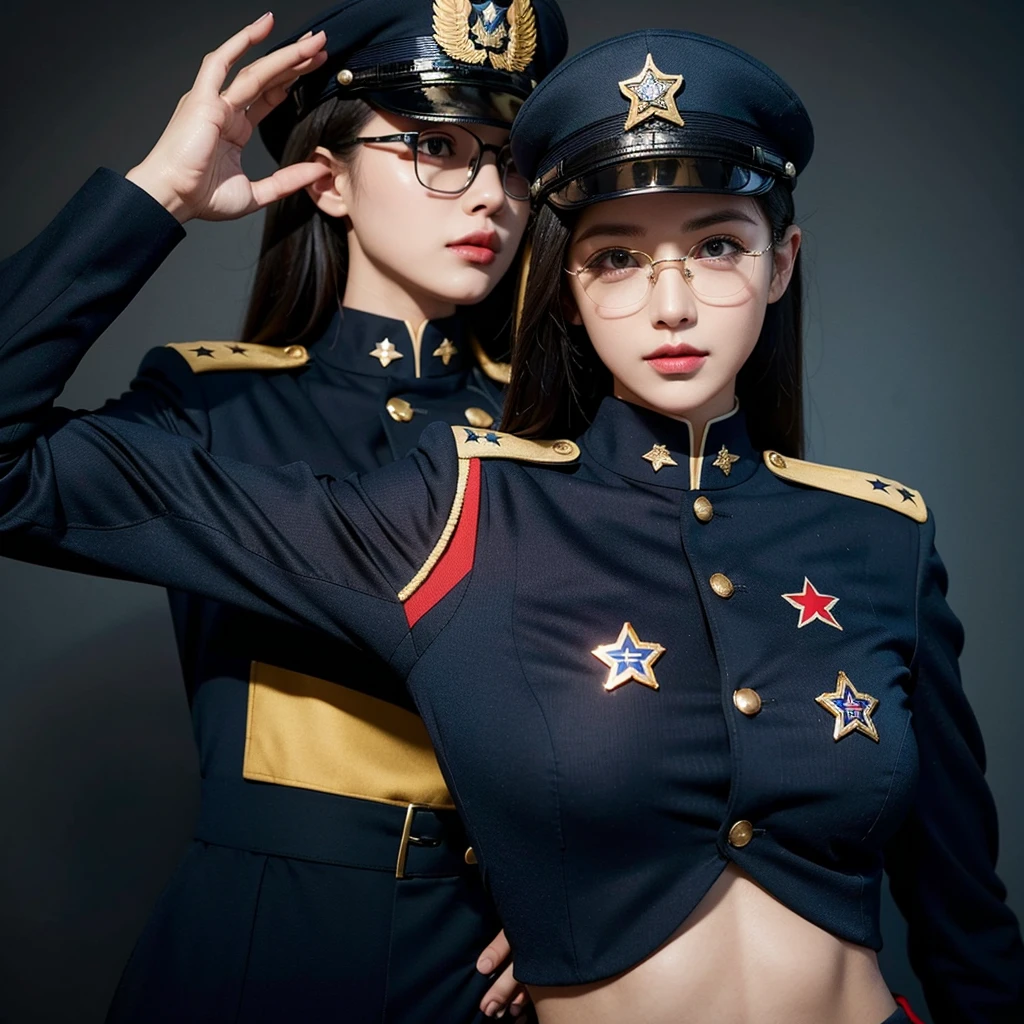 A female soldier wearing a dark blue tight-fitting uniform and dark blue tight-fitting military pants salutes the national flag。She wears a pair of big-framed glasses,There is a striking red star on the hat,Gold shoulder and collar badges。There is an Air Force aircraft logo on the right chest。Highlight the sexy and plump figure of female soldiers,and her resolute and charming demeanor。She salutes with her right hand,The left hand hangs naturally。