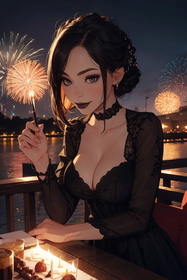Goth woman, long elegant dress, Happy new year, woman in dress, fireworks, classy, wine, black lipstick, smile, looking at viewer