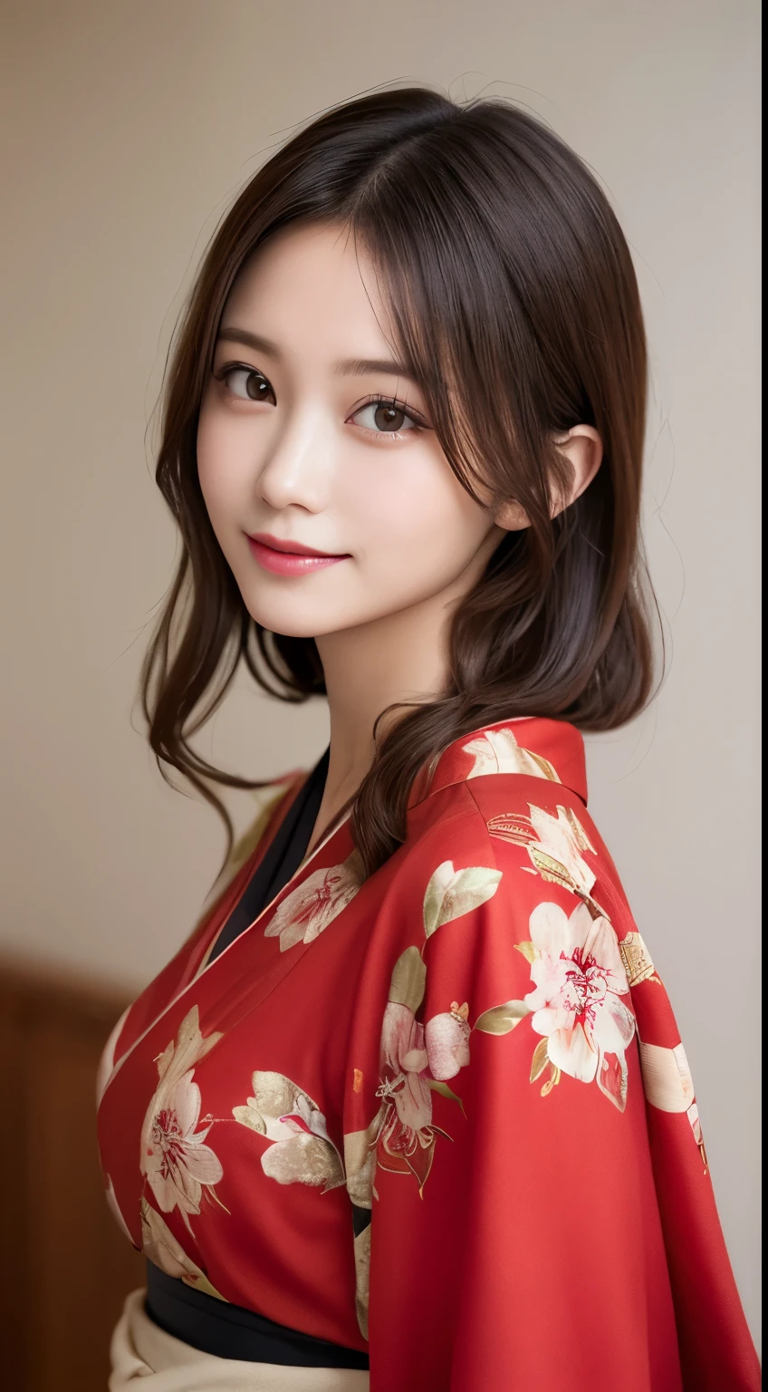 masutepiece, Best Quality, Illustration, Ultra-detailed, finely detail, hight resolution, 8K Wallpaper, Perfect dynamic composition, Beautiful detailed eyes, Wear a gorgeous red kimono,Medium Hair, Small breasts, Natural Color Lip,Smile,Luxury inn Japanese style room、20 years girl、beautifull detailed face、Perfect and beautiful face,Big eyes,Sit upright,Blur the background,Beautiful detailed face、カメラに対して真正面にSit uprightPerfect and beautiful face,Beautiful detailed face