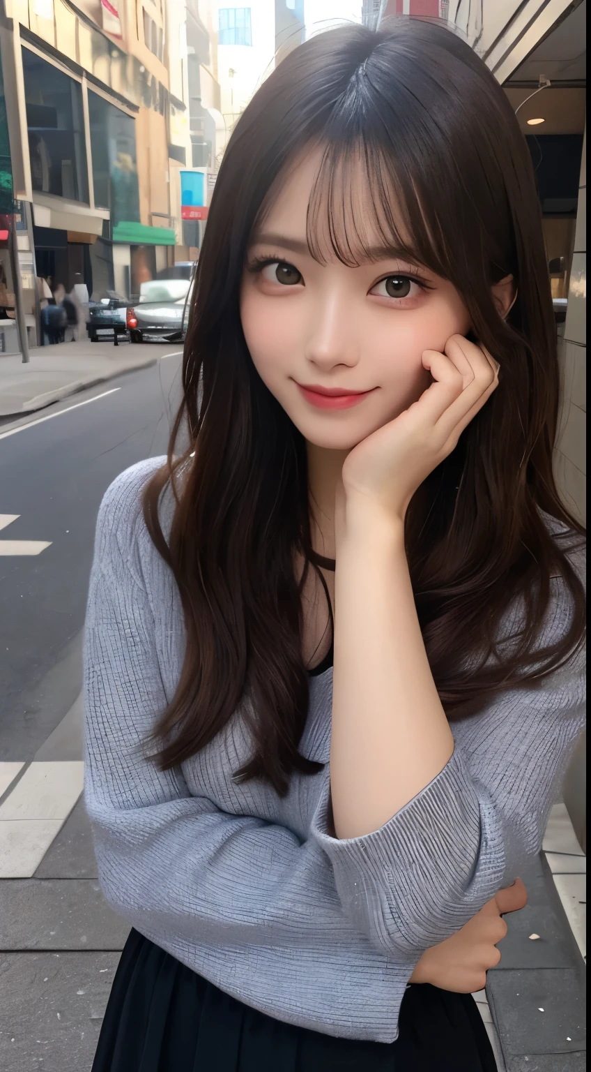masutepiece, Best Quality, Illustration, Ultra-detailed, finely detail, hight resolution, 8K Wallpaper, Perfect dynamic composition, Beautiful detailed eyes, Winter dress,Medium Hair, Small breasts, Natural Color Lip,Smile,Big city、20 years girl、Midnight、beautifull detailed face、Perfect and beautiful face、slim face and style,Spread your arms wide,Big eyes,Take a photo from below the knees at a face angle