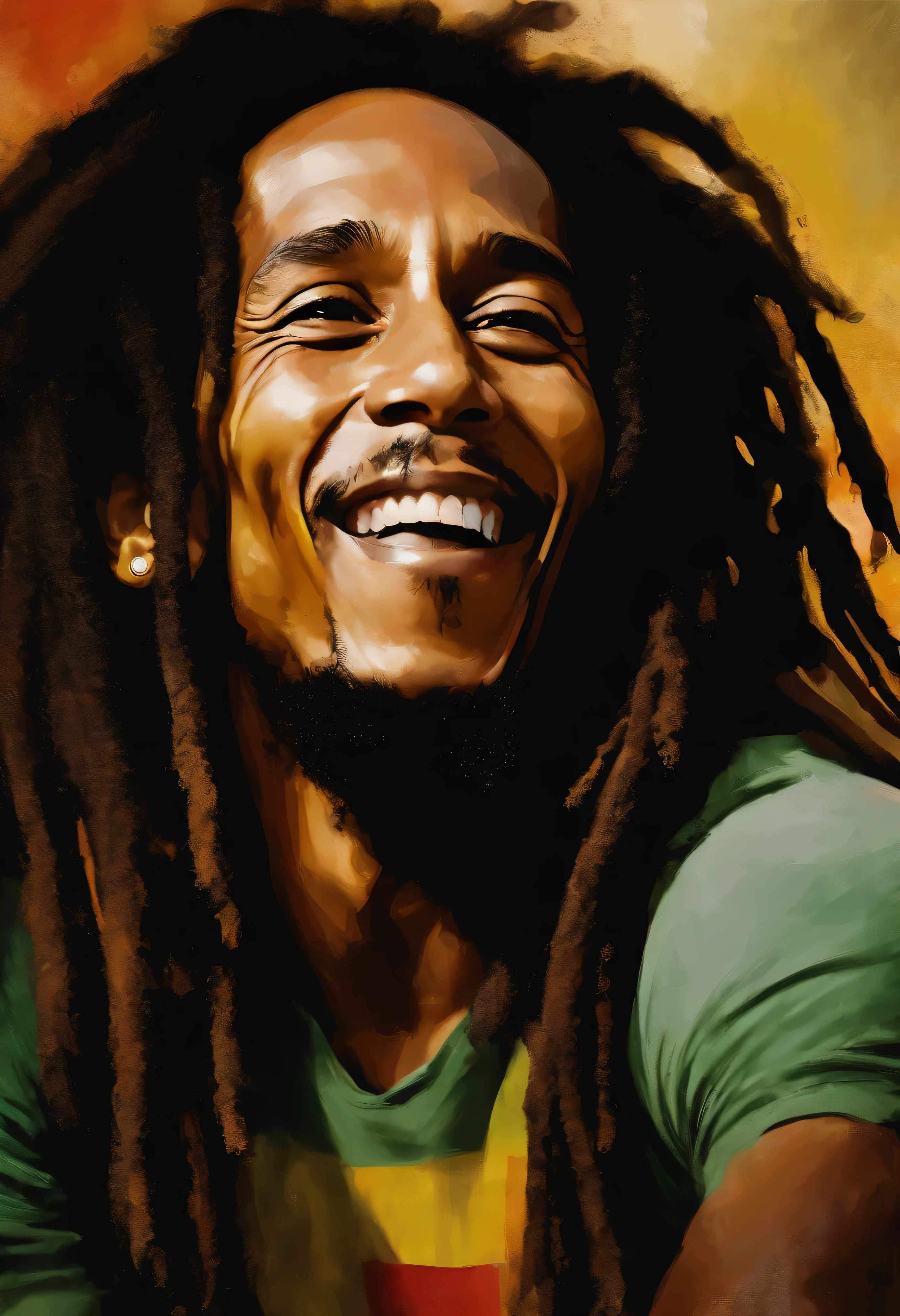 an image of Bob Marley sorrindo , Nenhum estilo de Russ Mills, Michael Garmash, charming sketches, mono-ha, Contemporary Asian art, Lilia Alvarado, Pincelada concisa --AR 69:128 --s 750 --V 5. 2, pinceladas nas cores do reggae