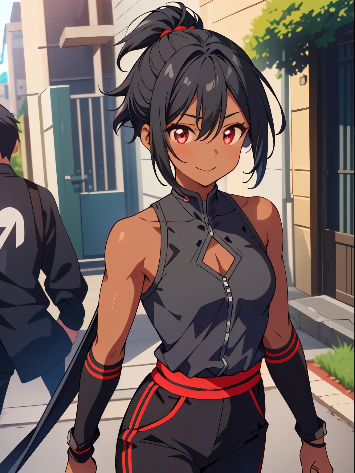 dreamy, (masterpiece), best quality, (16 year old appearance), 1girl, Black short hair, amazing, beautiful detailed eyes, red eyes, fine details, depth of field, extremely detailed CG, ((Black skin)), black shirt, black pants, small breasts, muscular girl, korra, dark skin, dark-skinned female, ponytail, hair tubes, short hair, bare shoulders, perfect anatomy, perfect hands, 1girl, solo,(high detailed skin:1.2), beautiful (skinny:0.8), (black skin:0.2), street background , smiling, Stop