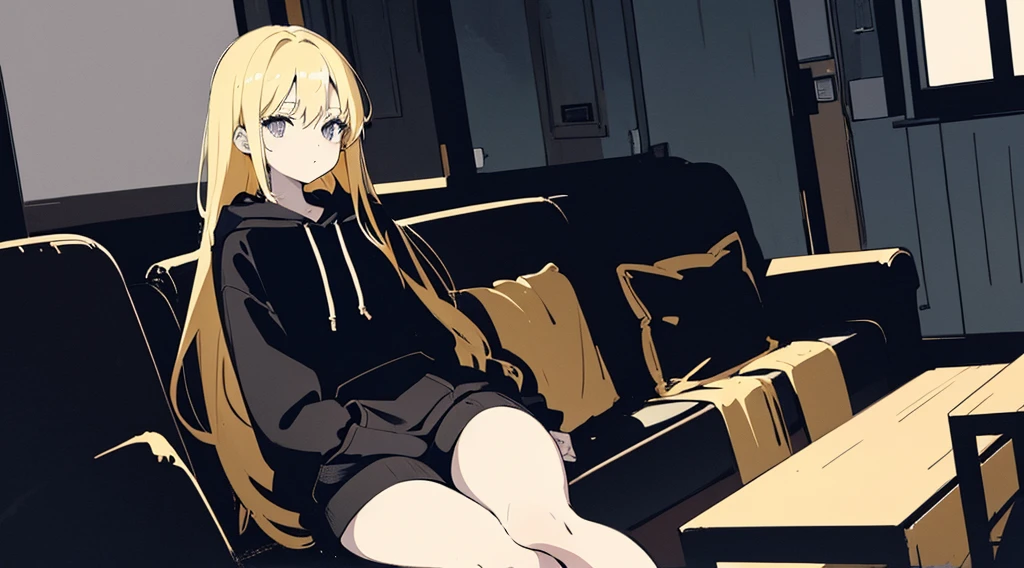 (1 girl, blonde hair, black eyes, black hoodie, sitting on the sofa, kawaii), (abandoned house), (low contrast, flat color, limited palette)