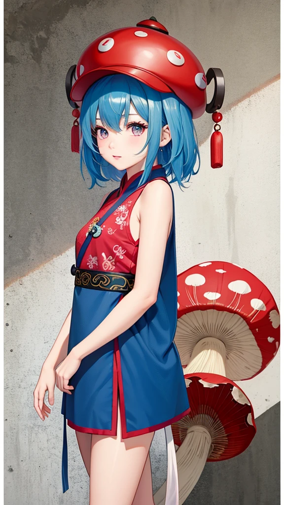 1 girl, blue hair, pink eyes, red chinese qi pao, wears a mushroom hat, posing, high res, wall paper, ultra sharp, 8k, masterpiece, zoomed in, looking at viewer