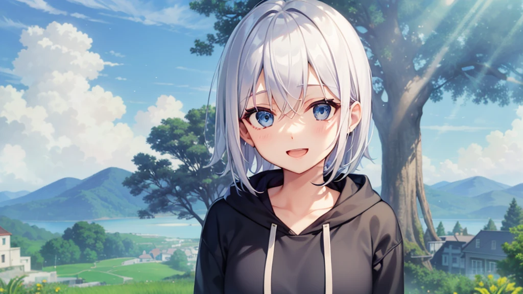 (masutepiece: 1.2, Best Quality), 1 Lady, Solo, silber hair,Shoulder out,Very short hair, long bangs between eyes, blue eyess,Black eyes, Hoodie,White hair, Silver hair, Hoodie, White hoodie、blue-sky、in woods、izumi、flower  field、A smile、open open mouth、5 fingers