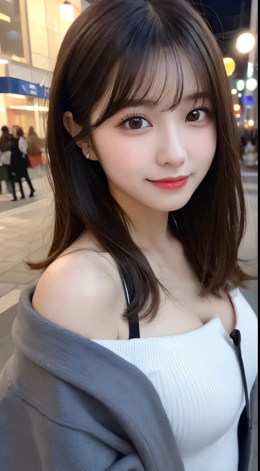 masutepiece, Best Quality, Illustration, Ultra-detailed, finely detail, hight resolution, 8K Wallpaper, Perfect dynamic composition, Beautiful detailed eyes, winter off shoulder,straight haired,small tits、Natural Color Lip, Bold sexy poses,Smile、20 years girl、Cute、Sexy shot looking at camera,nighttime scene,beautifull detailed face、KPOP Idol Face,Japan Idol Face,Slim face and body,a small face,Big eyes,Very cute face,Do gal makeup,Fluffy coat