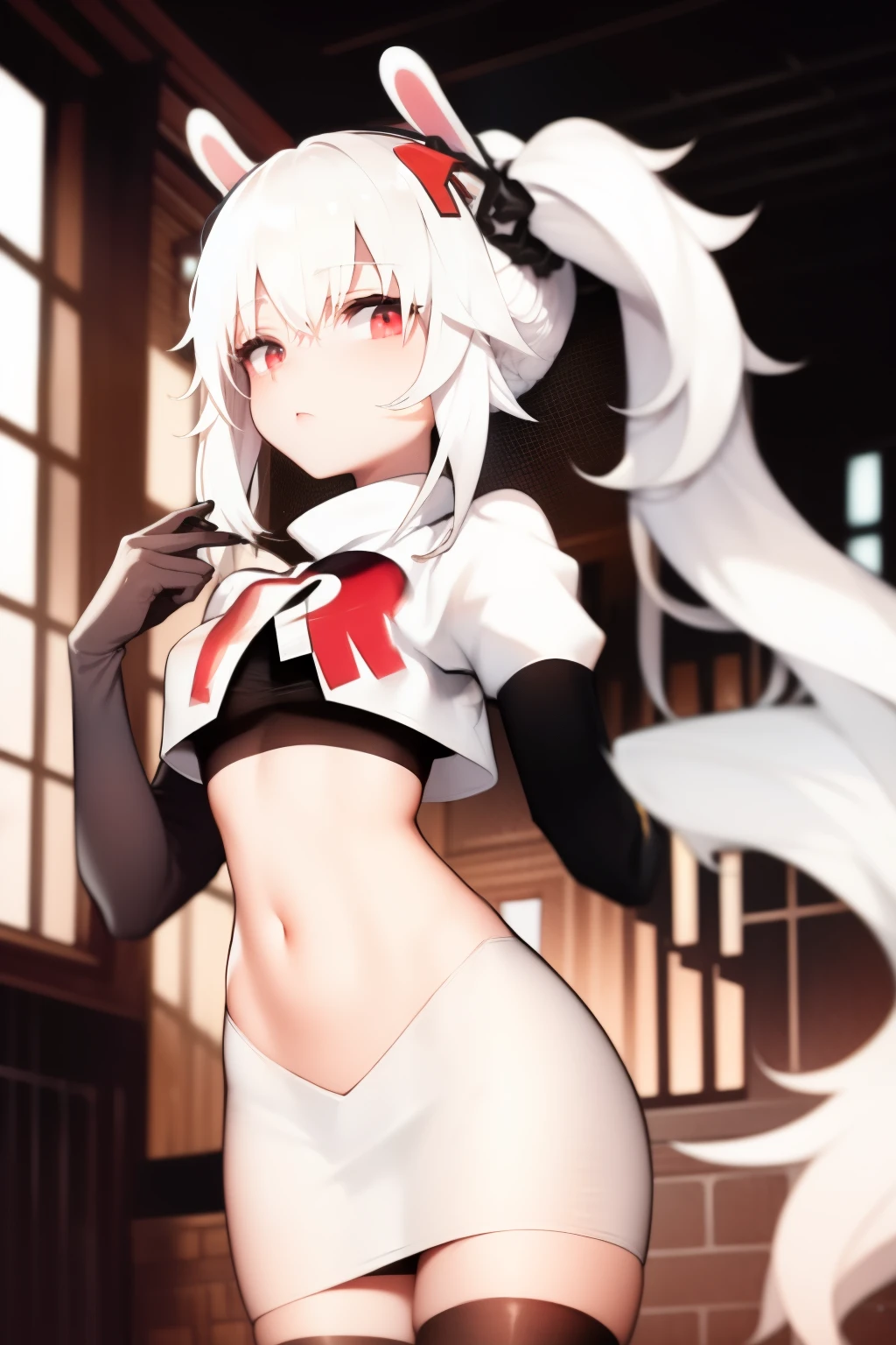 masterpiece, best quality, fake animal ears, solo, white hair, twintails,team rocket,team rocket uniform,white skirt,red letter R,crop top,black thigh-highs,black elbow gloves,